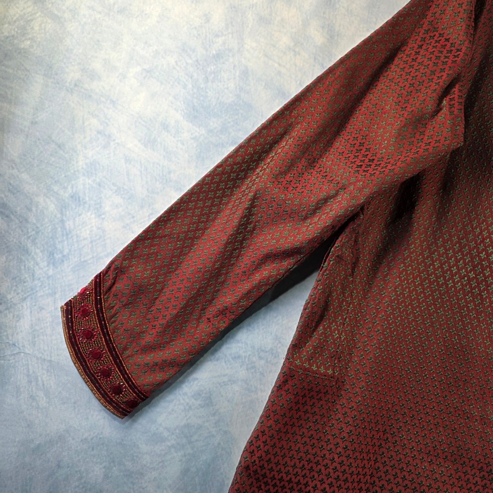 Mens Red Green Woven Kurta Tunic Embroidered Velvet Beadwork Traditional 105 - Picture 13 of 13